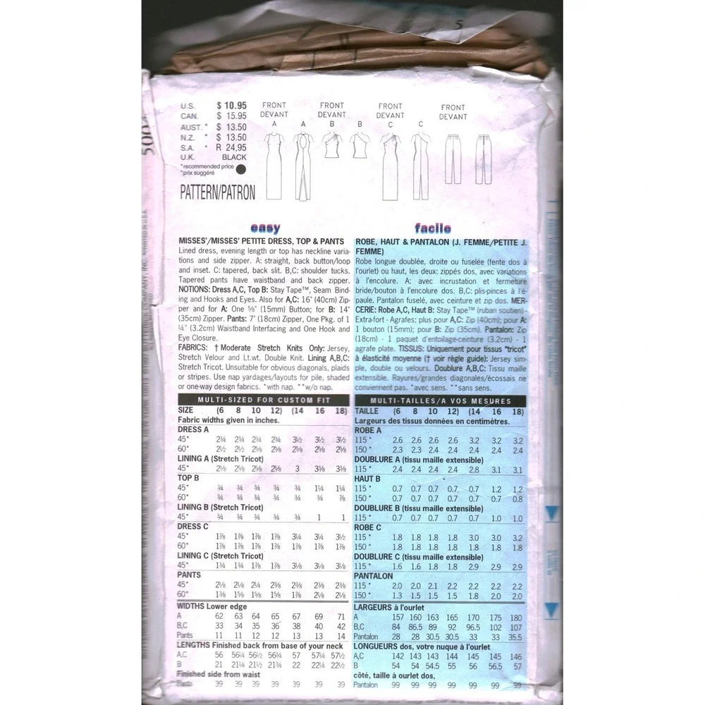 Butterick 5004 Sewing Pattern Misses Dress Top Pants‎ Size 6-8-10-12 cut